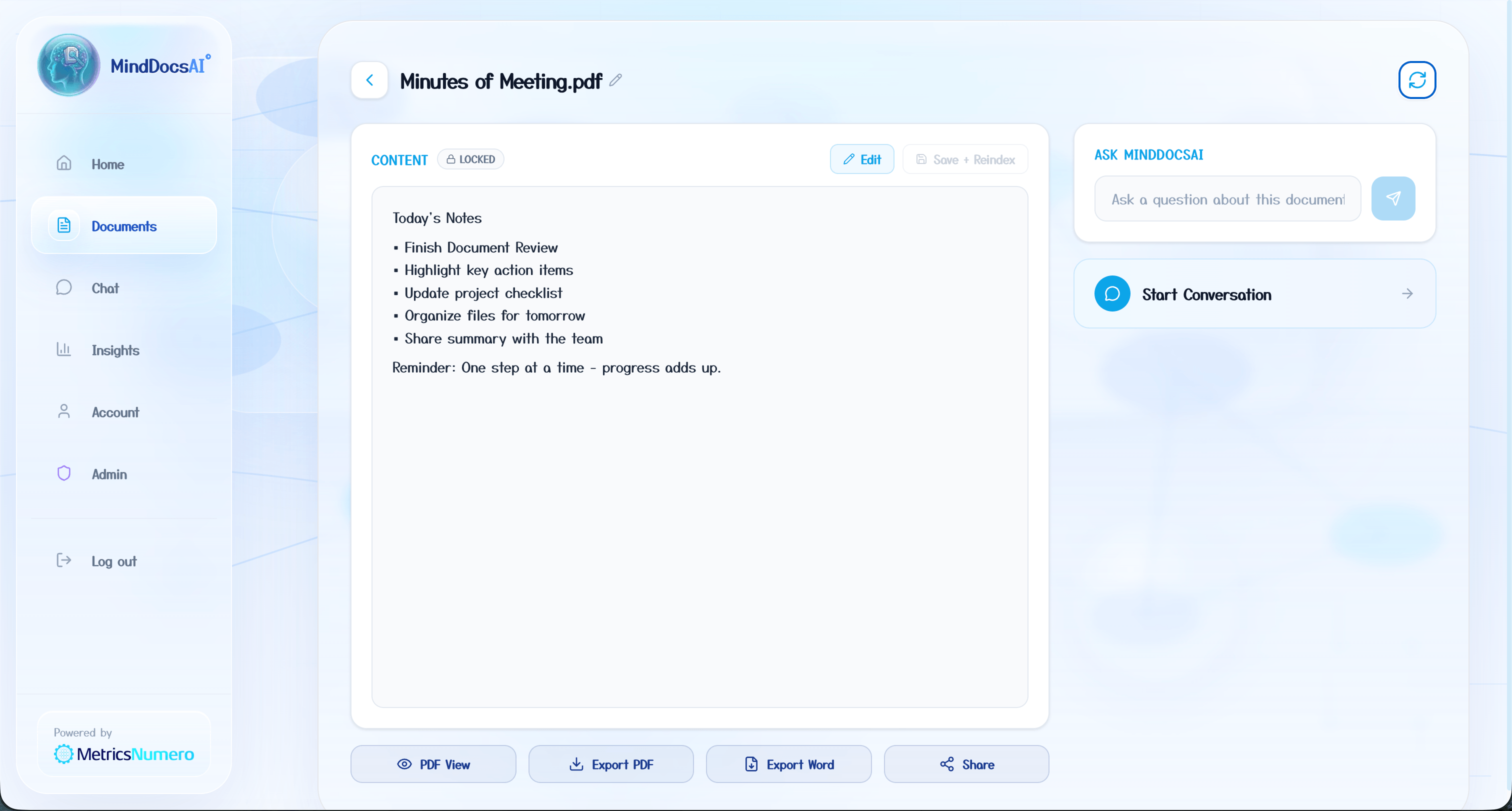 MindDocs AI text extraction interface with structured output from a document.